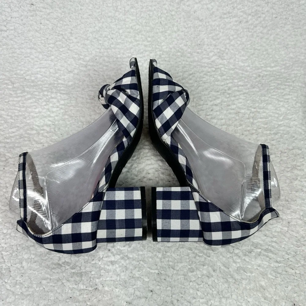 Betsey Johnson Ivee Gingham Bow Block Heel Sandals Navy White Size 7 Ankle Strap - Picture 5 of 10